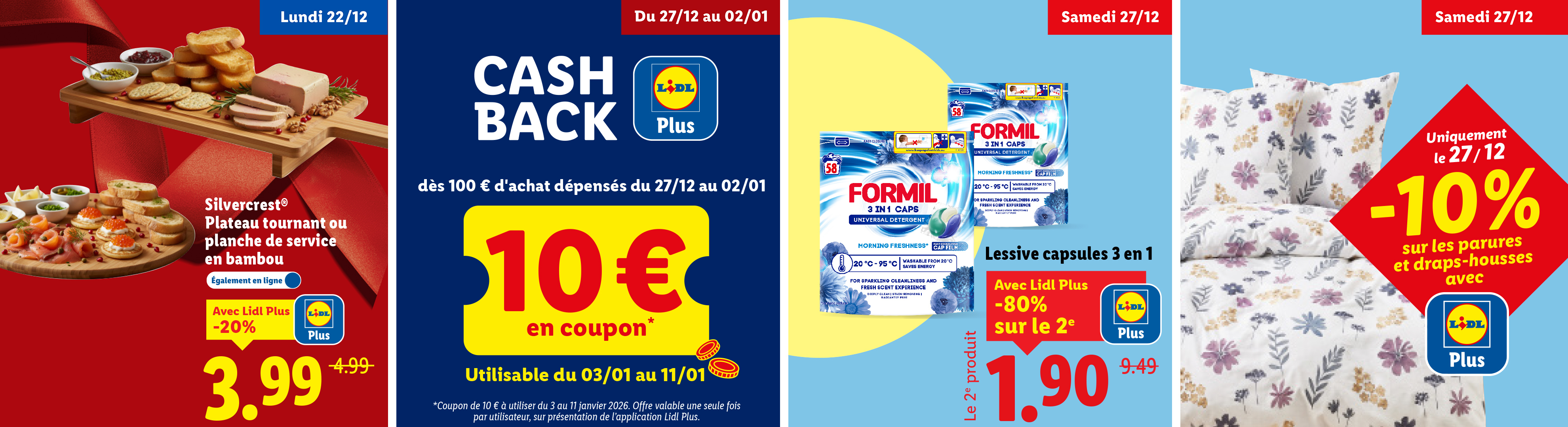Offres Lidl avec un plateau tournant en bambou, un cashback de 10€, des capsules de lessive Formil et des parures de lit.