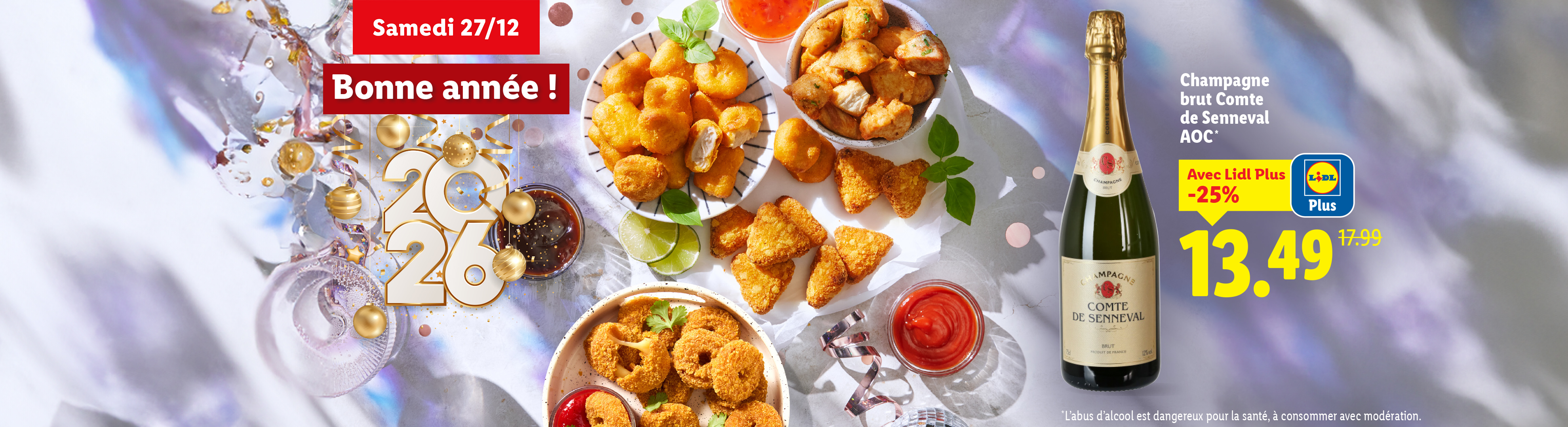 Publicité Lidl pour le réveillon du Nouvel An avec champagne Comte de Senneval et amuse-gueules.