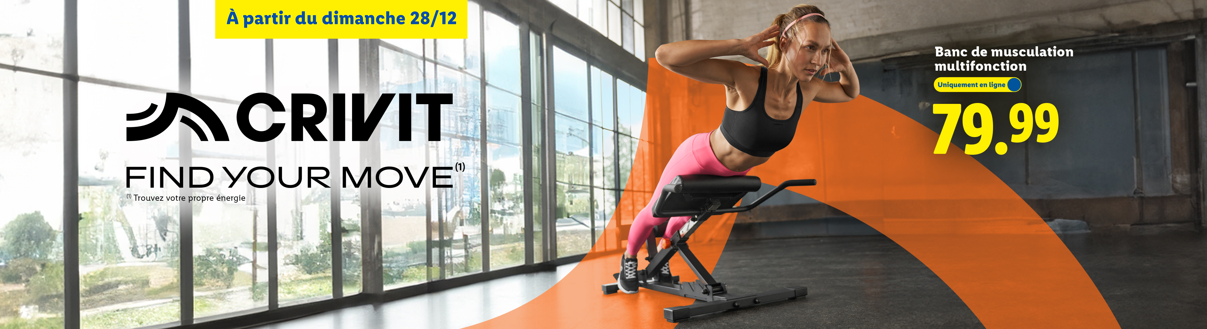 Banc de musculation multifonction Crivit à 79,99 €, disponible en ligne à partir du 28/12.