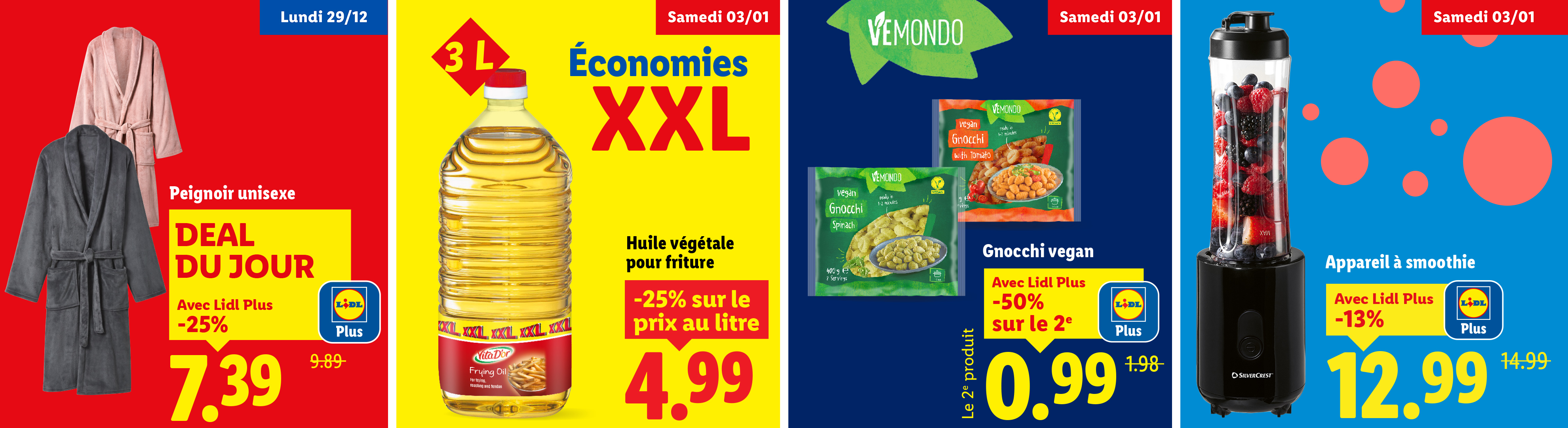 Publicité Lidl avec peignoirs, huile végétale Vita D'or, gnocchis vegan Vemondo et un appareil à smoothie Silvercrest.