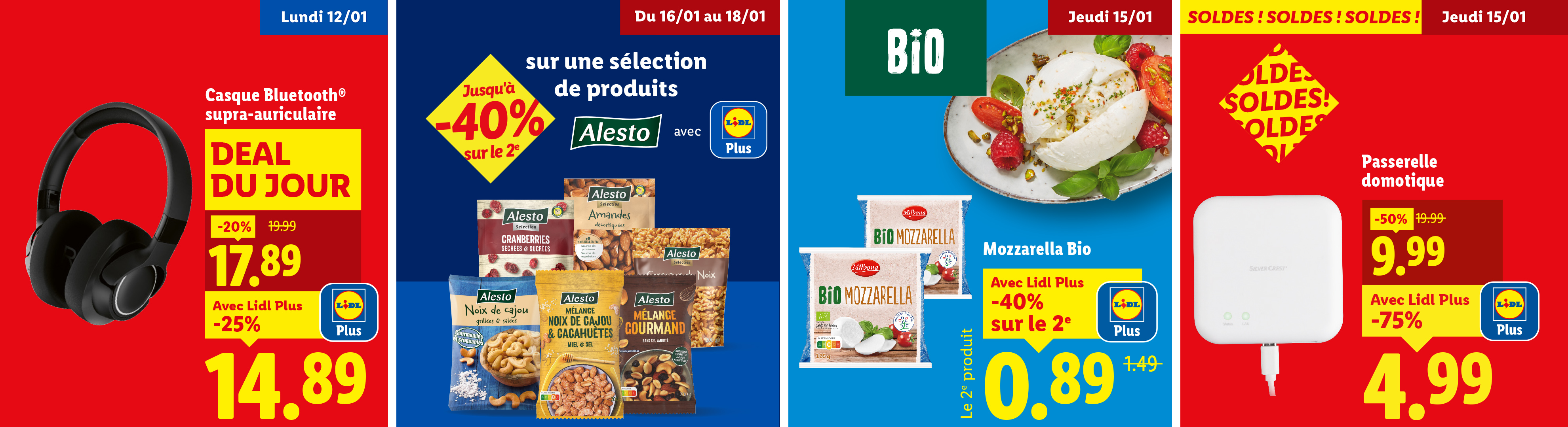 Cette semaine chez Lidl : des écouteurs Bluetooth à 14,89€ + jusqu'à -40% sur des produits Alesto, de la mozzarella bio Milbona à -40% sur le 2e produit et une passerelle domotique