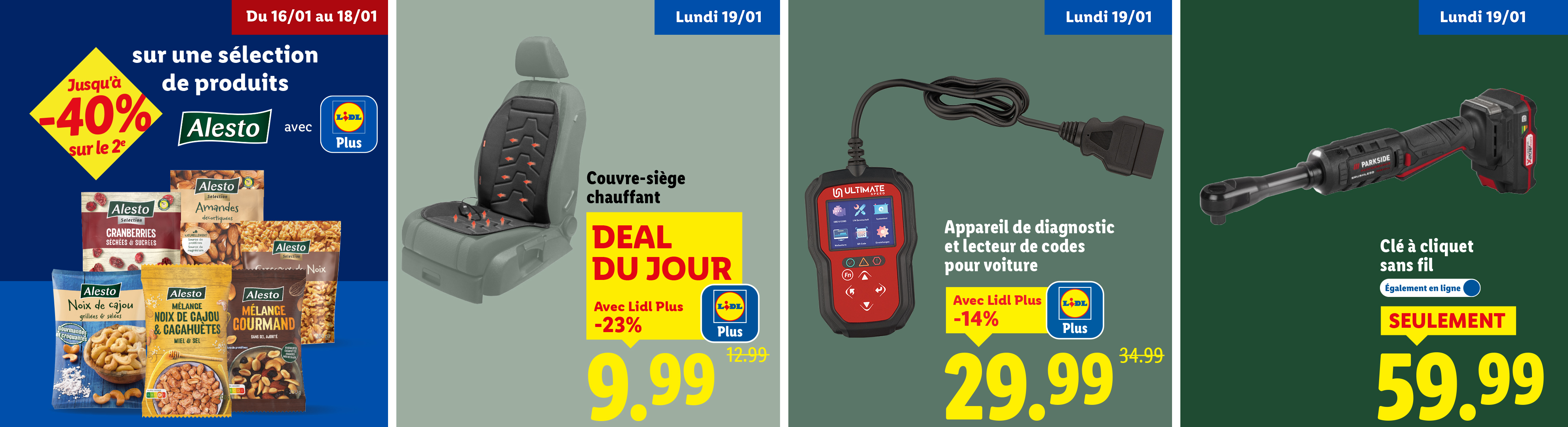 Cette semaine chez Lidl : -40% sur le 2e sur une sélection de produit Alesto avec Lidl Plus et tout ce qu'il vous faut pour entretenir votre voiture avec des promos comme un couvre-siège chauffant...