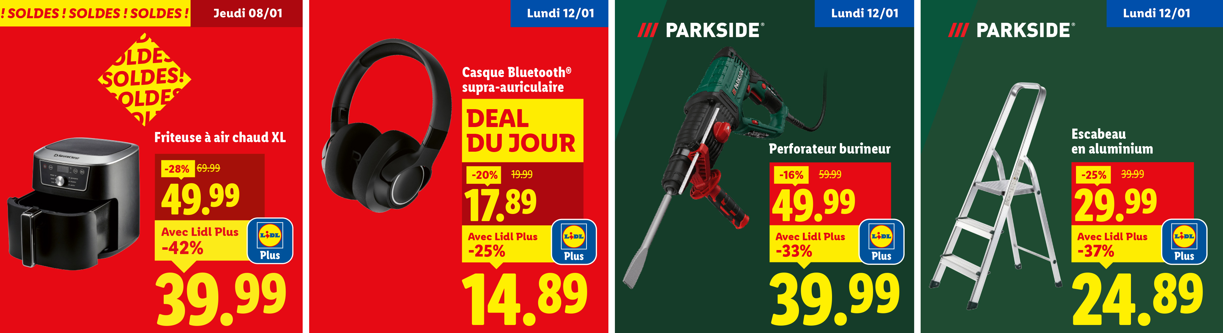 Publicité Lidl pour une friteuse à air chaud, un casque Bluetooth, un perforateur burineur Parkside et un escabeau en aluminium.