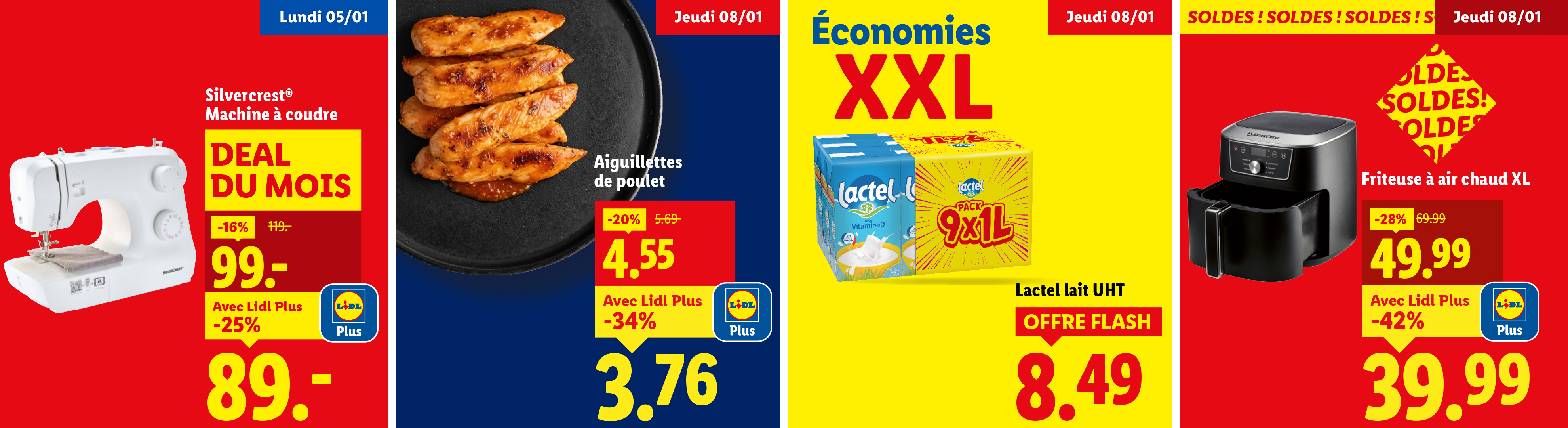 Publicité Lidl avec une machine à coudre, des aiguillettes de poulet, du lait Lactel et une friteuse à air chaud.