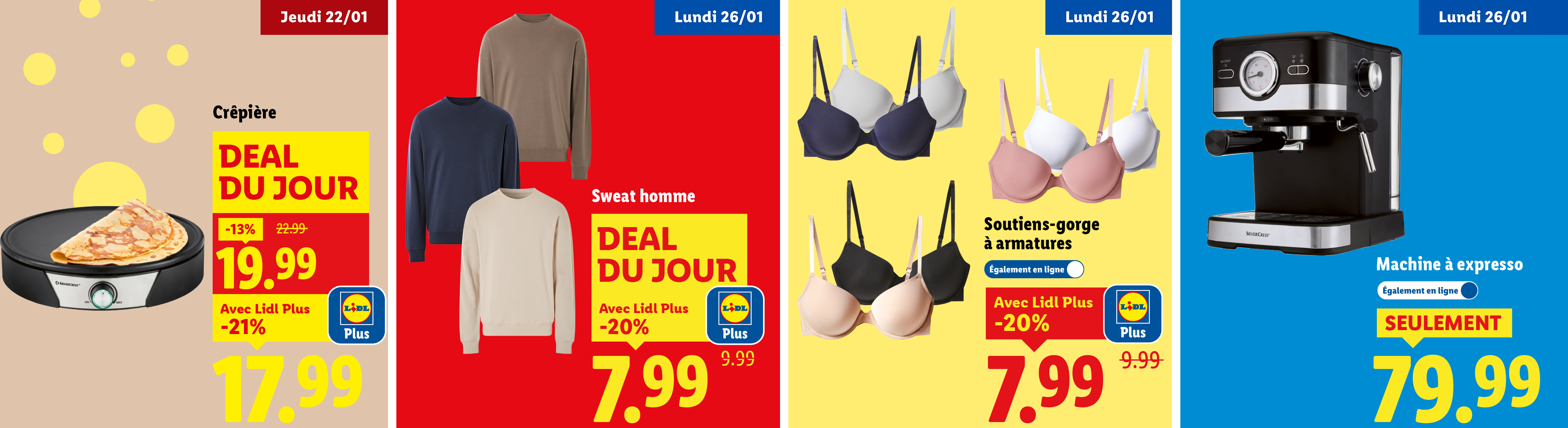 Publicité Lidl pour une machine à expresso, des soutiens-gorge, des sweats pour homme et une crêpière.