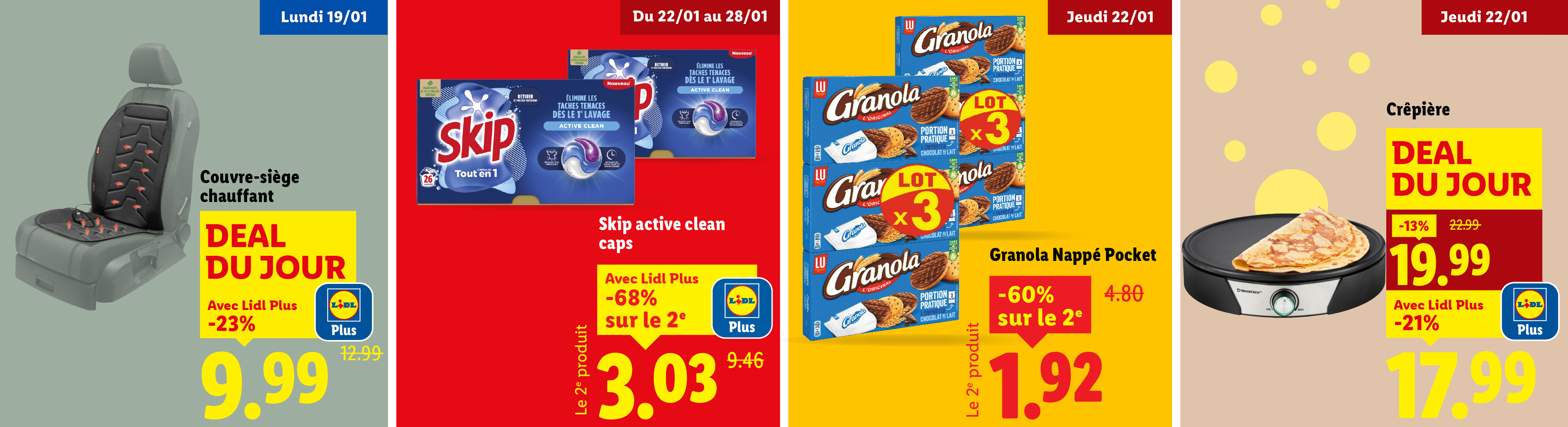 Publicité Lidl avec un couvre-siège chauffant, des capsules de lessive, des biscuits granola et une crêpière.