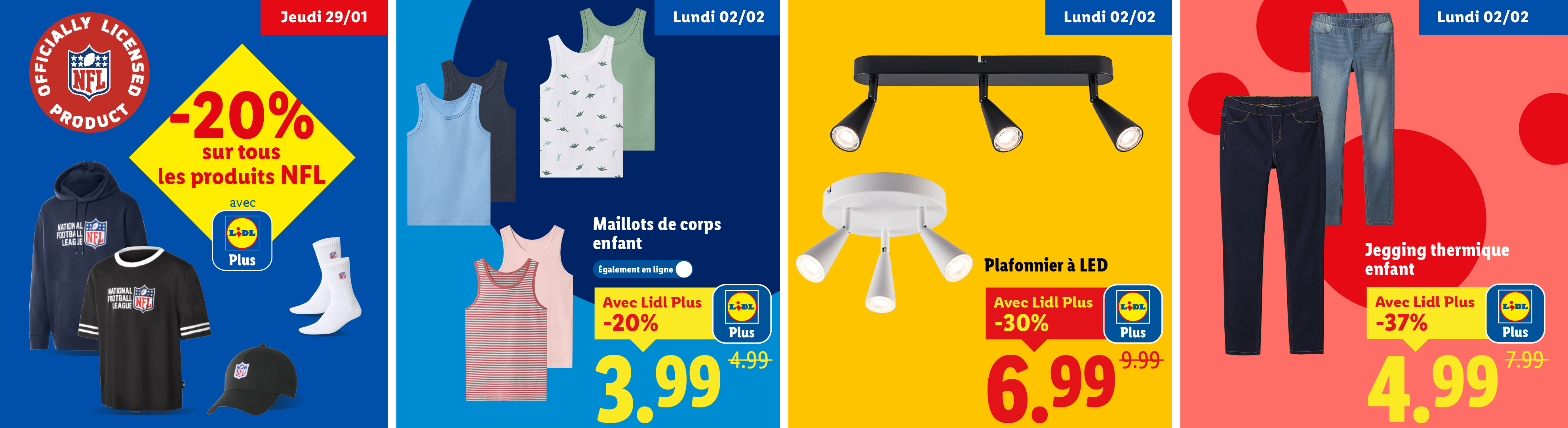 Publicité pour des vêtements de sport, des débardeurs pour enfants, des plafonniers LED et des jeggings thermiques pour enfants.