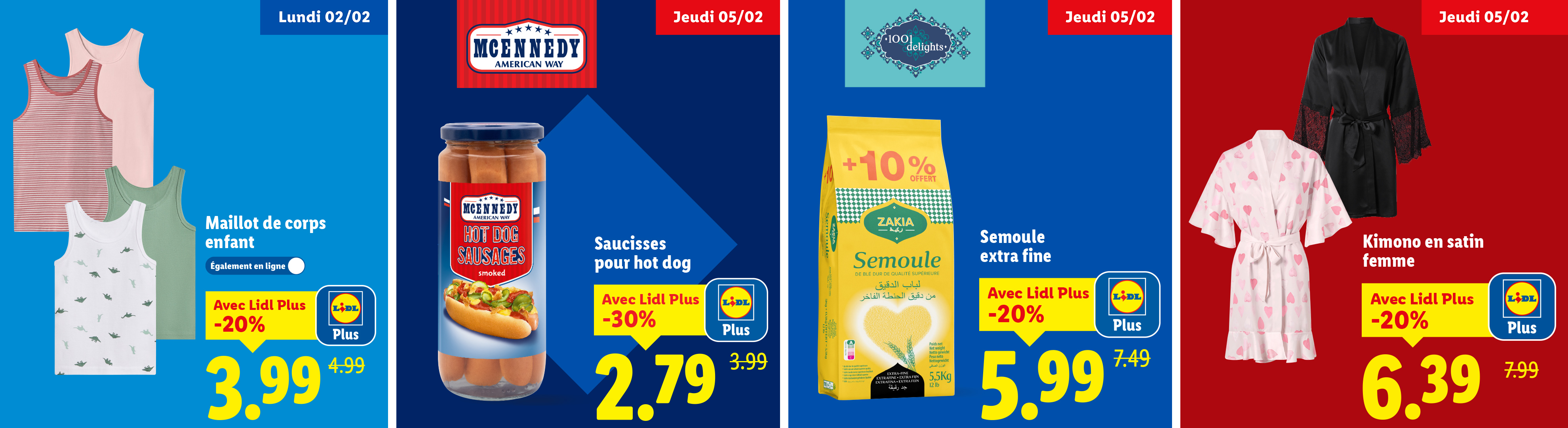 Publicité Lidl avec des débardeurs pour enfants, des saucisses de hot-dog, de la semoule extra fine et des kimonos en satin pour femmes.