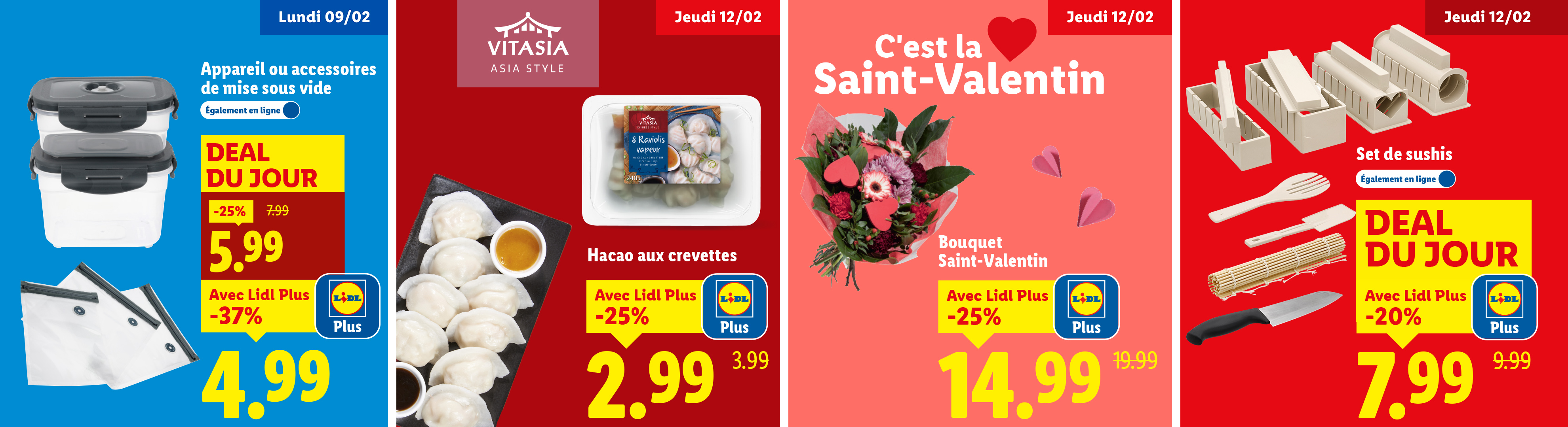 Offres spéciales sur les appareils de mise sous vide, les raviolis aux crevettes, les bouquets de Saint-Valentin et les kits de sushis.