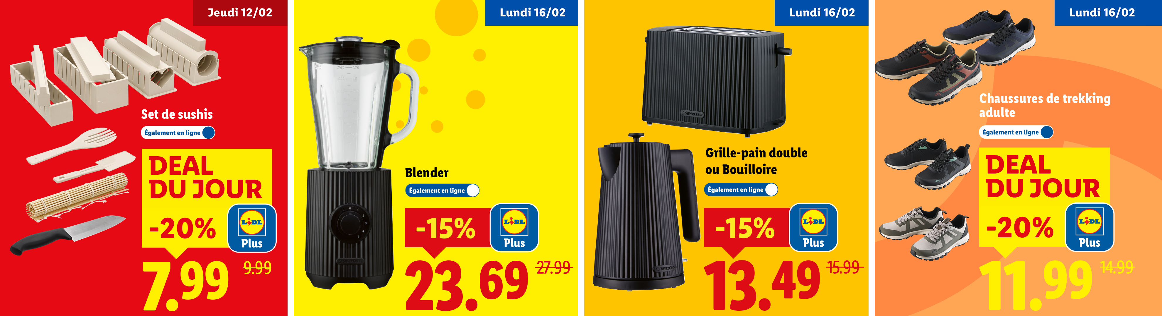 Publicité pour un set à sushis, un blender, un grille-pain/bouilloire et des chaussures de trekking pour adultes, avec des réductions.