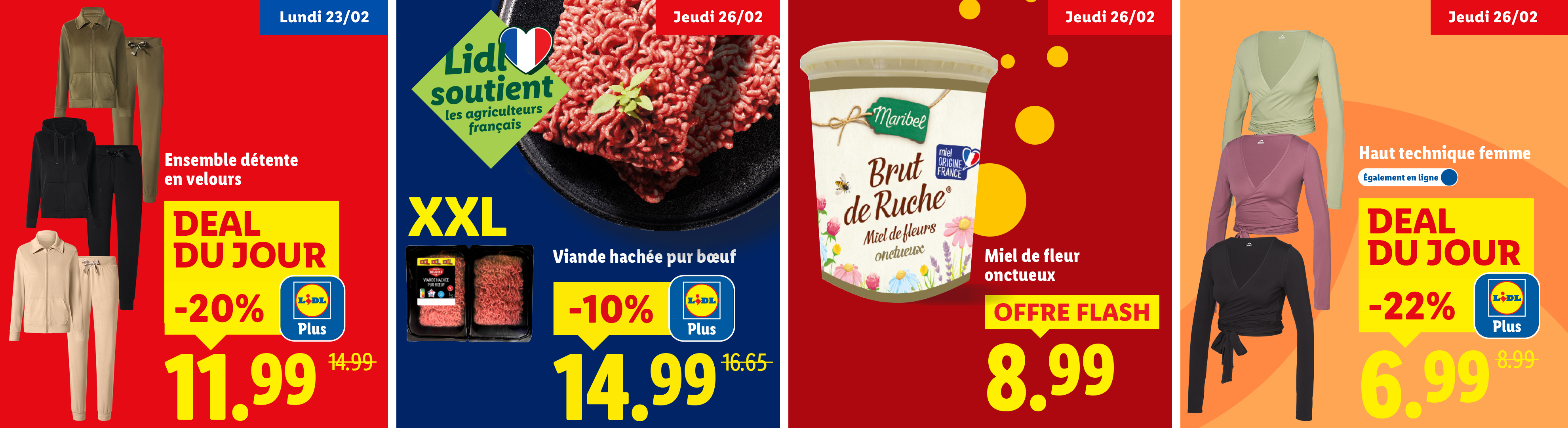 Cette semaine chez Lidl : ensembles de détente en velours, de la viande hachée de bœuf, du miel de fleurs onctueux et des hauts techniques pour femme.