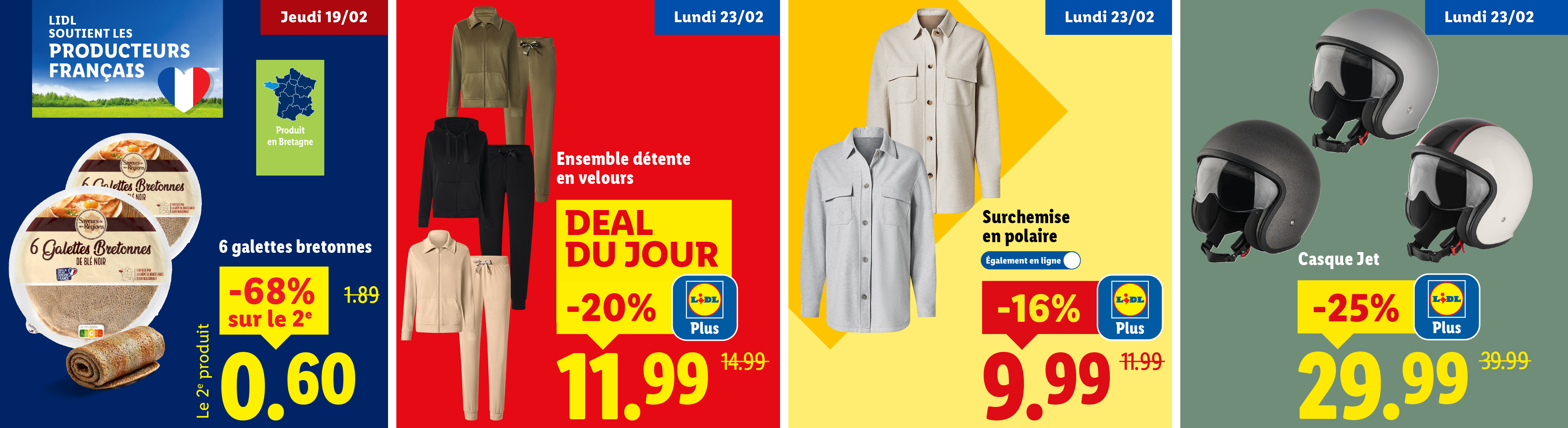 Publicité Lidl avec des galettes bretonnes, des ensembles de détente en velours, des surchemises en polaire et des casques jet.