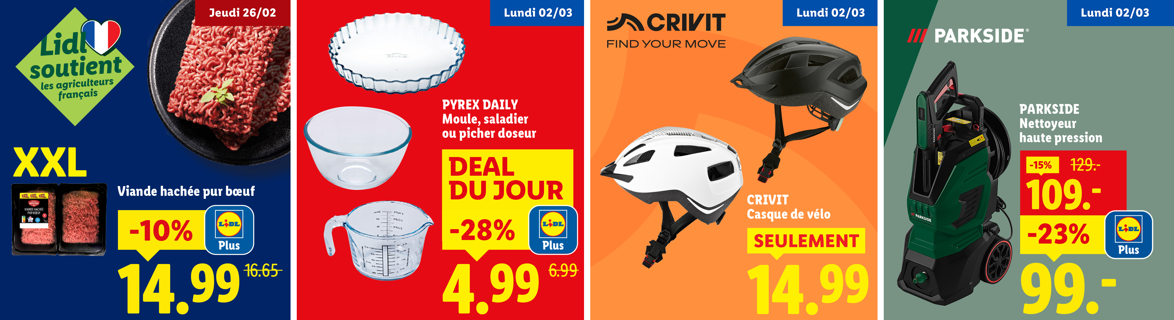 Publicité pour de la viande hachée, des ustensiles de cuisine, des casques de vélo et un nettoyeur haute pression.