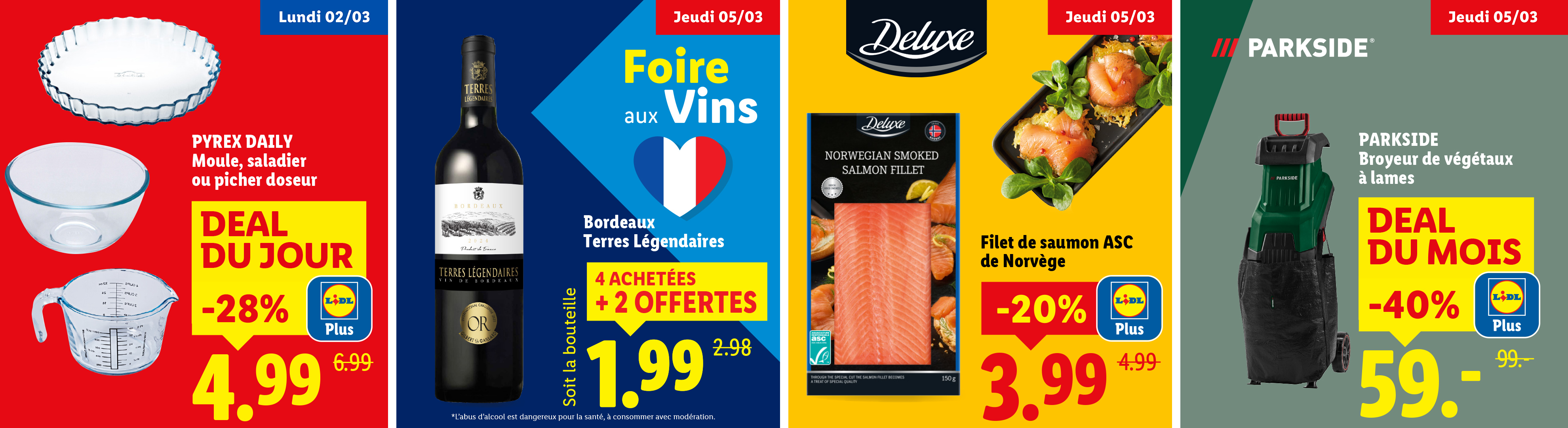 Publicité pour des ustensiles de cuisine en verre, du vin, du filet de saumon fumé et un broyeur de végétaux.