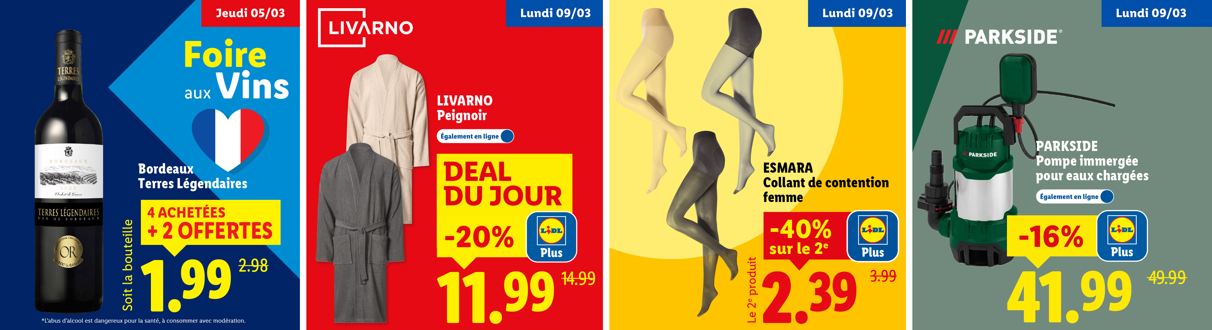 Publicité pour une foire aux vins, des peignoirs, des collants de contention et une pompe immergée.
