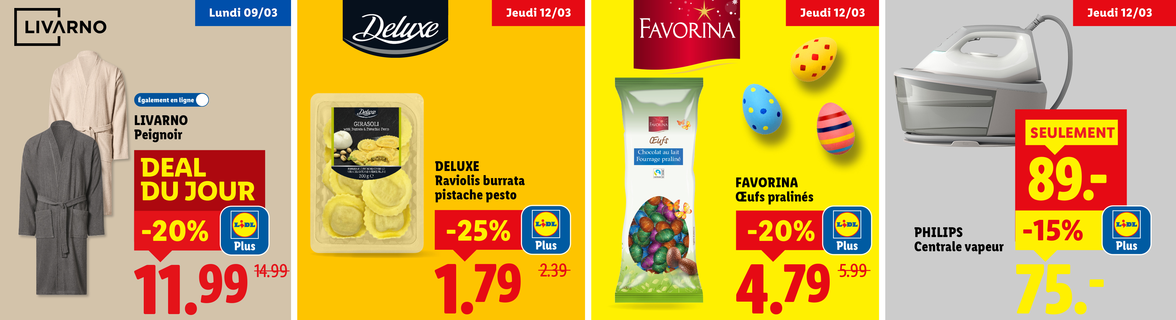 Peignoirs, raviolis, œufs de Pâques et centrale vapeur avec des réductions.