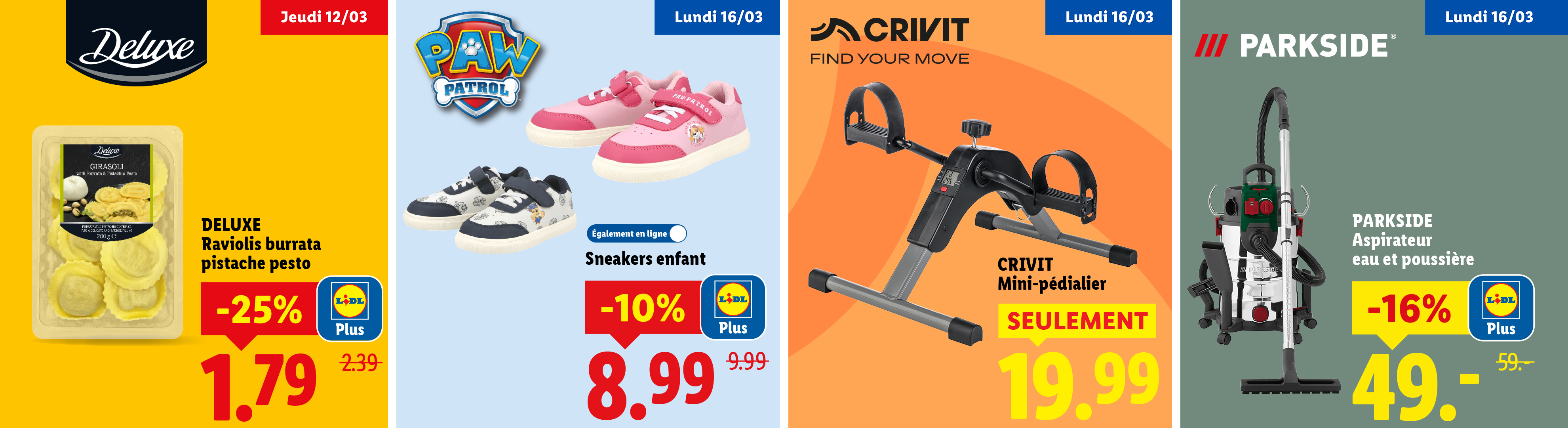 Publicité pour des raviolis, des baskets pour enfants, un mini-pédalier et un aspirateur eau et poussière.