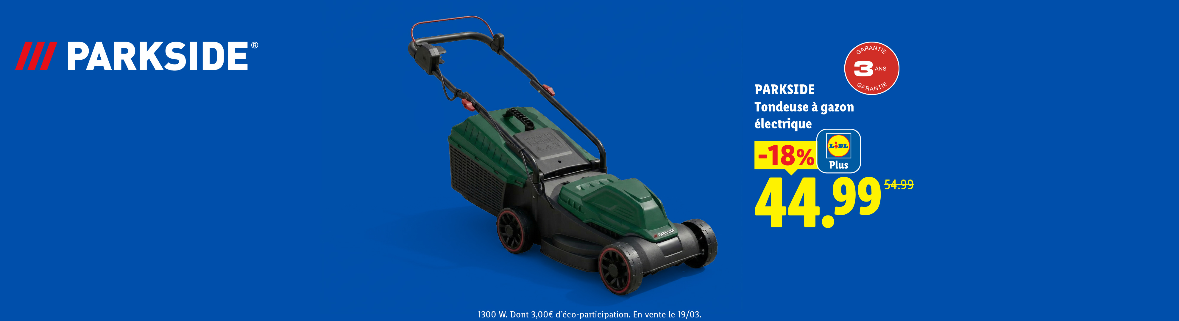 Tondeuse à gazon électrique verte, 1300 W, avec 3 ans de garantie, à 44,99€ au lieu de 54,99€.