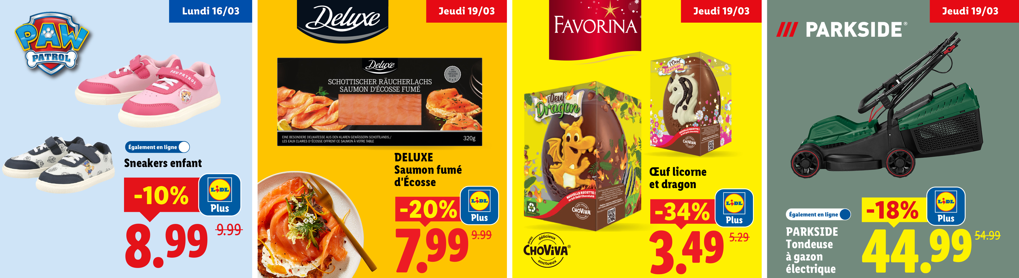 Une publicité Lidl présentant des baskets pour enfants, du saumon fumé, des œufs en chocolat licorne et dragon, et une tondeuse à gazon électrique, avec des réductions.