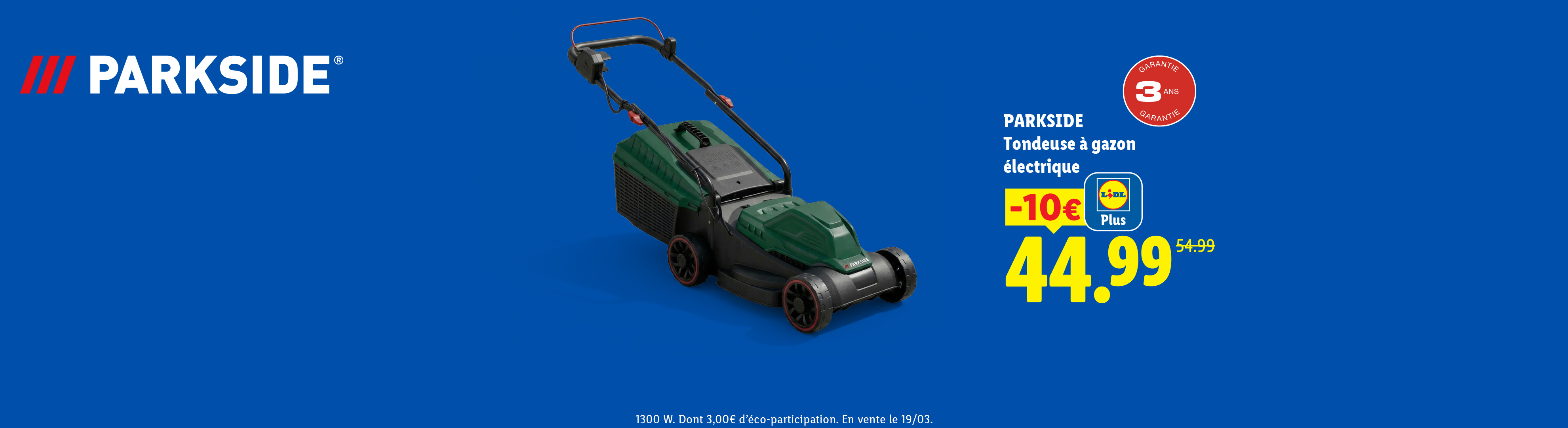 Tondeuse à gazon électrique avec 3 ans de garantie, prix réduit à 44,99€.