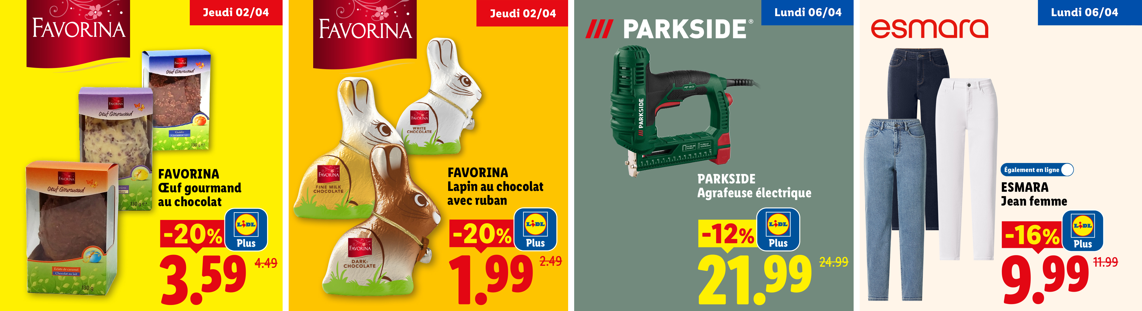 Cette semaine chez Lidl : -20% avec Lidl Plus sur des Œufs et lapins en chocolat Favorina et d'autres promo sur une agrafeuse électrique et des jeans pour femmes.