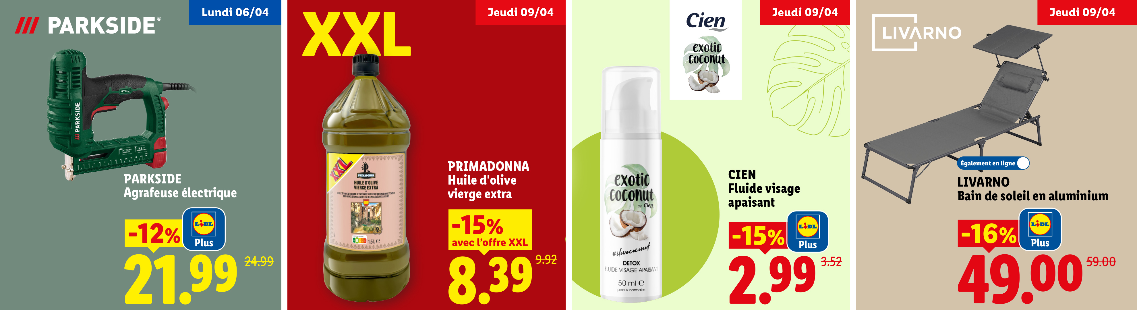 Cette semaine chez Lidl : -12% avec Lidl Plus sur une agrafeuse électrique et d'autres promos sur une bouteille d'huile d'olive, un fluide visage à la noix de coco et un bain de soleil en aluminium.
