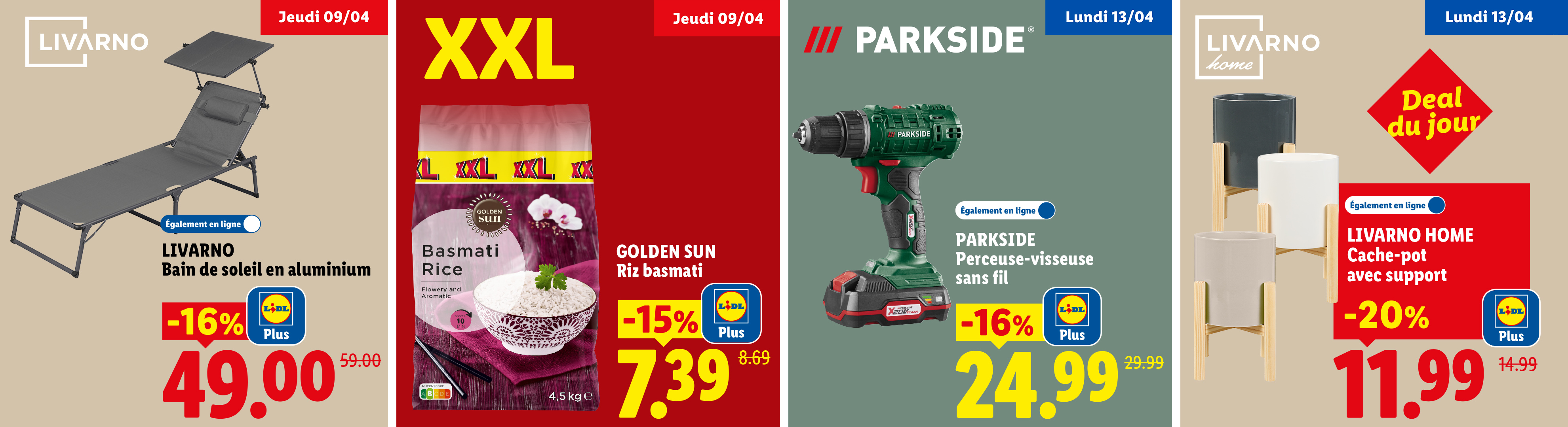 Cette semaine chez Lidl : -15% avec Lidl Plus sur du riz basmati et d'autres promos sur une perceuse-visseuse sans fil et des cache-pots avec support, avec des réductions.