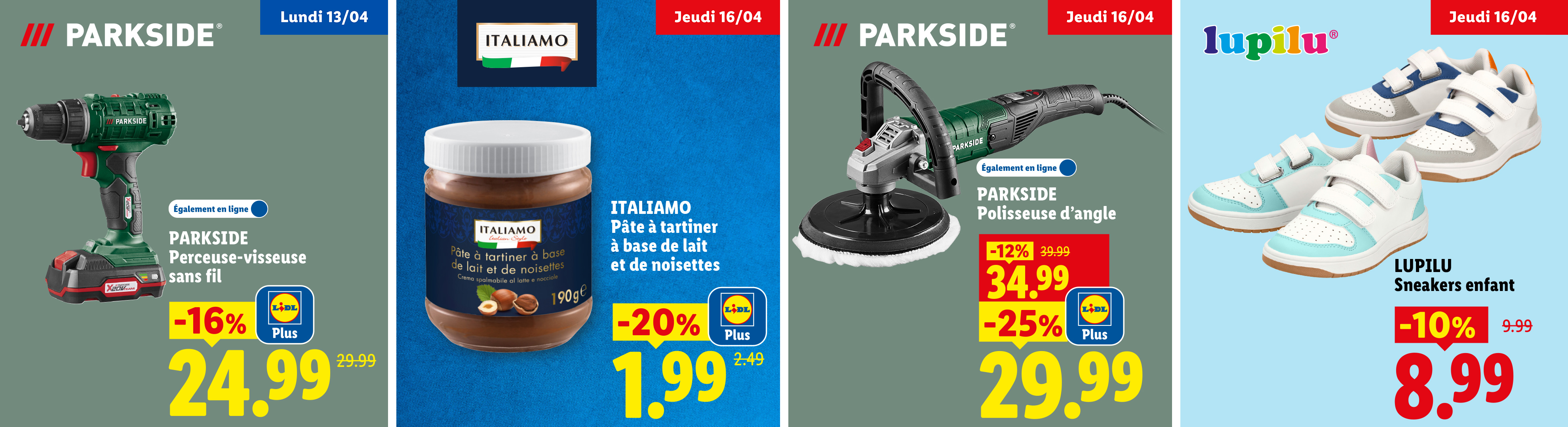 Cette semaine chez Lidl : -16% avec Lidl Plus sur une perceuse-visseuse sans fil et plein d'autres promos sur une pâte à tartiner, une polisseuse d'angle et des baskets pour enfants.