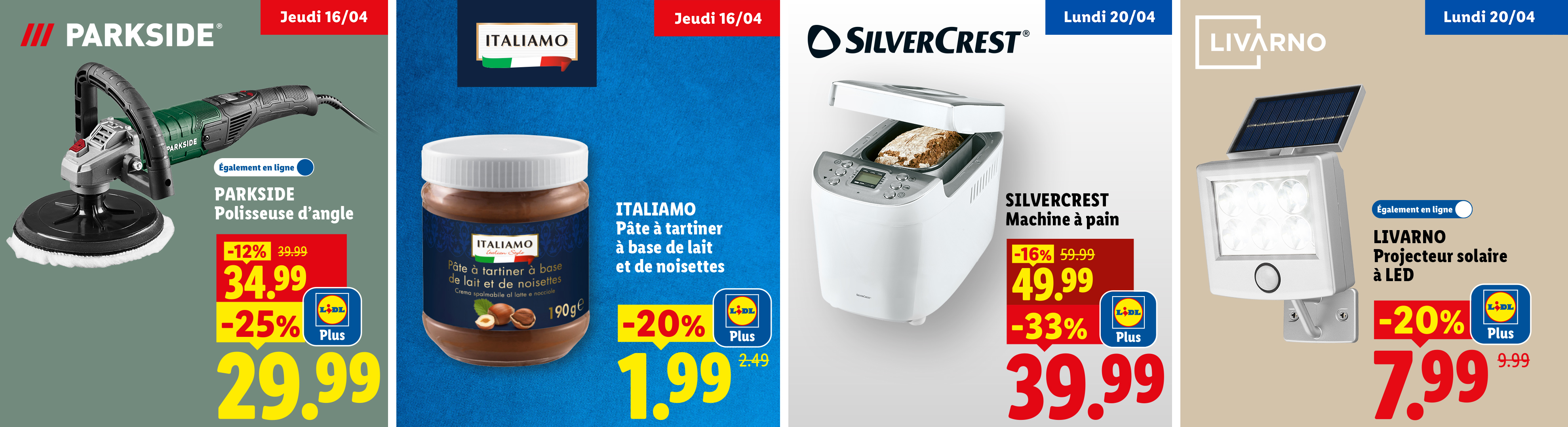 Cette semaine chez Lidl : -25% avec Lidl Plus sur une polisseuse d'angle et plein d'autres promos sur une pâte à tartiner, une machine à pain et un projecteur solaire à LED.