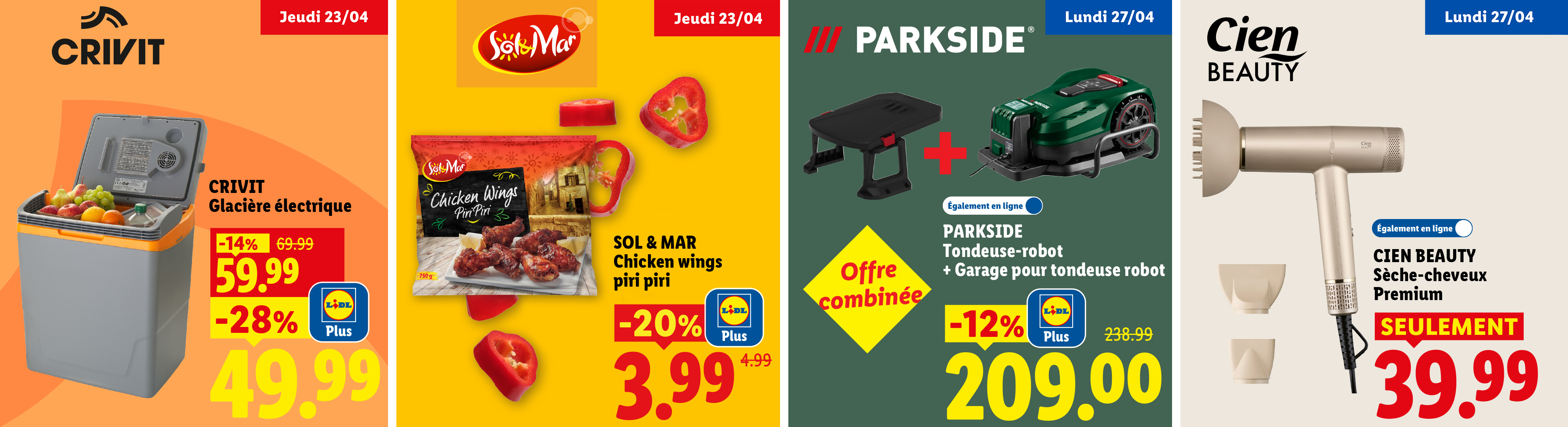 Cette semaine chez Lidl : -28% avec Lidl Plus sur une glacière électrique et d'autres promos sur des ailes de poulet, une tondeuse-robot et un sèche-cheveux.