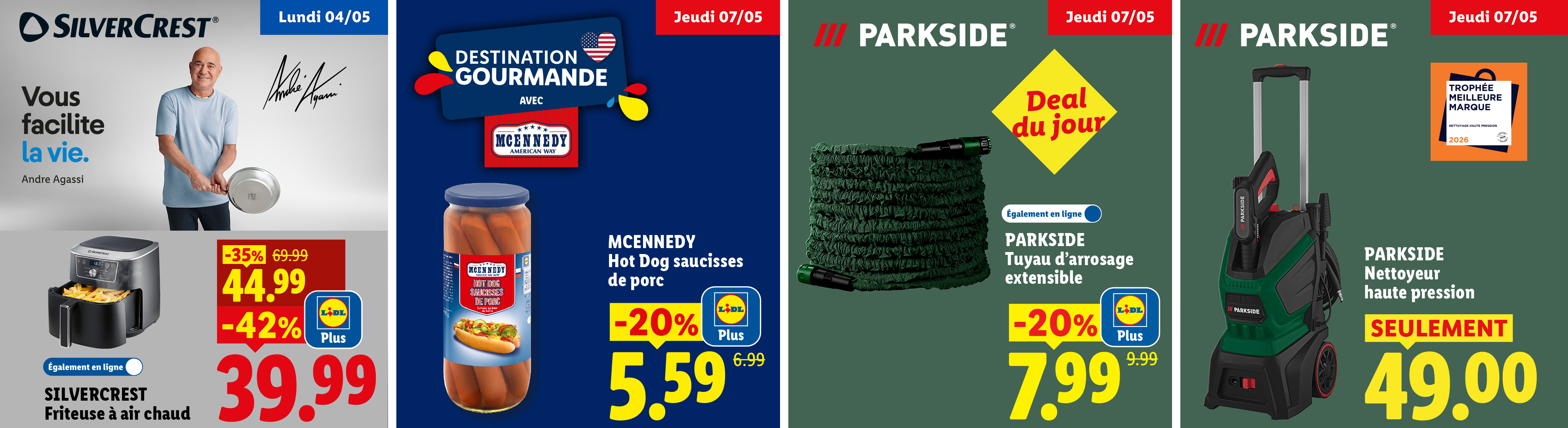 4/05 : Friteuse à air chaud à 39,99€ grâce -42% avec Lidl Plus | le 7/05 -20% avec Lidl Plus sur des saucisses hot Dog et un Tuyau d'arrosage extensible + un nettoyeur haute pression à seulement 49€
