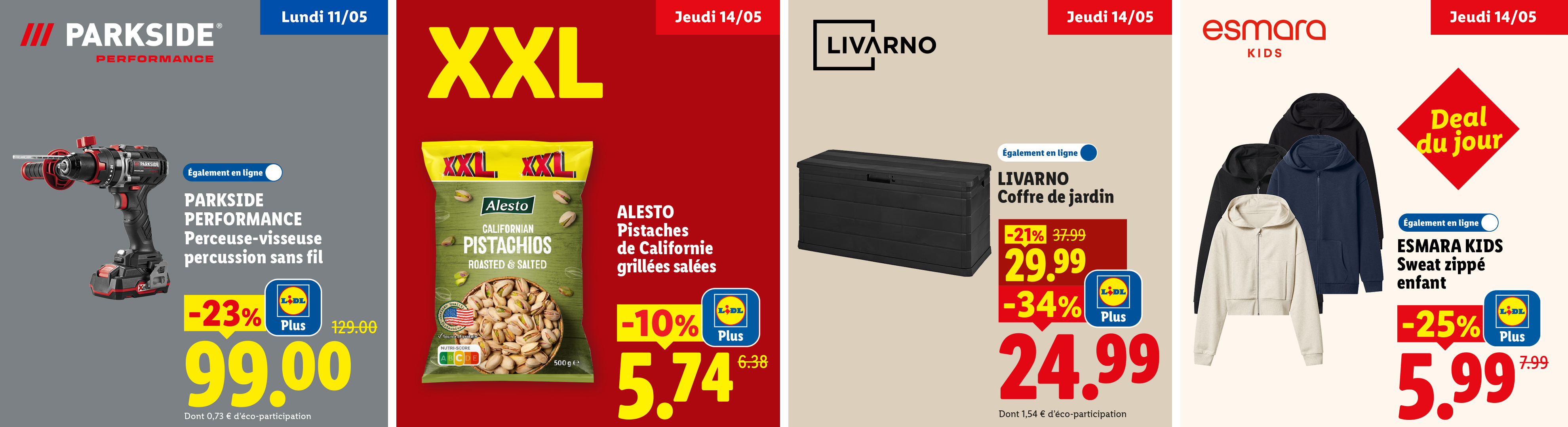 11/05 perceuse-visseuse percussion sans fil à 99€ | Jeudi 14/05 : Pistache de Californie à 5,74€, un coffre de jardin à 24,99€ et un sweet zippé enfant à à 5,99