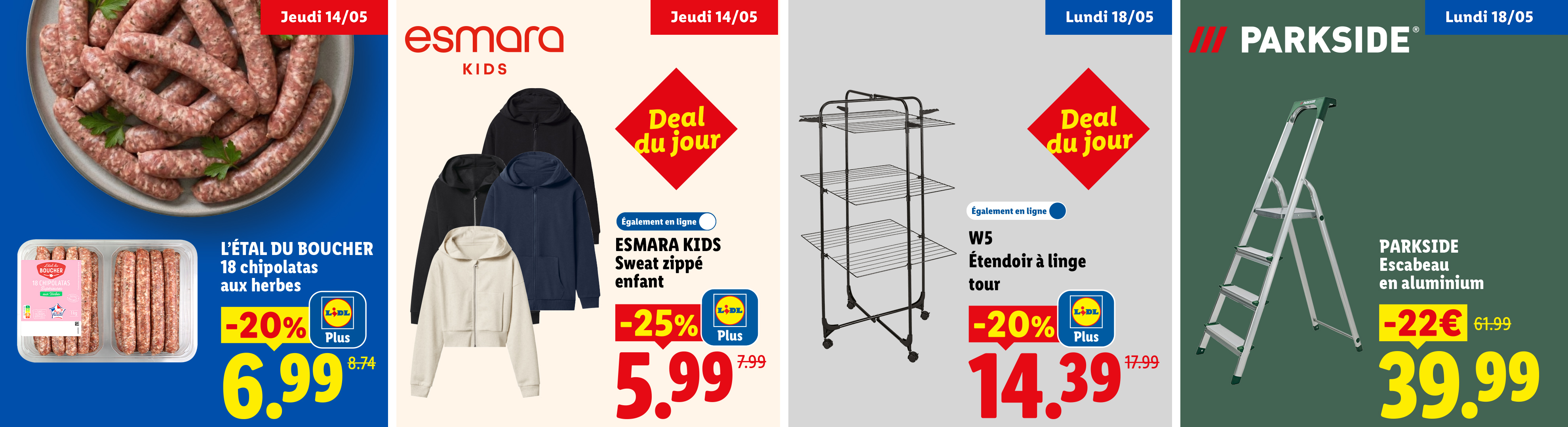 Jeudi 14/05 : -20% sur le paquet de 18 chipolatas aux herbes, et un sweet zippé enfant à 5,99€