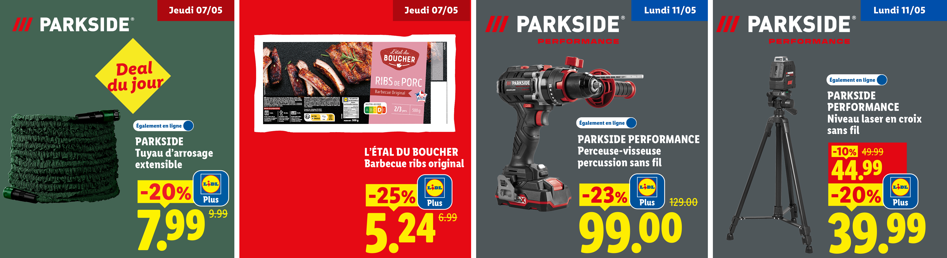 Tuyau d'arrosage extensible, travers de porc barbecue, perceuse-visseuse à percussion et niveau laser en croix.