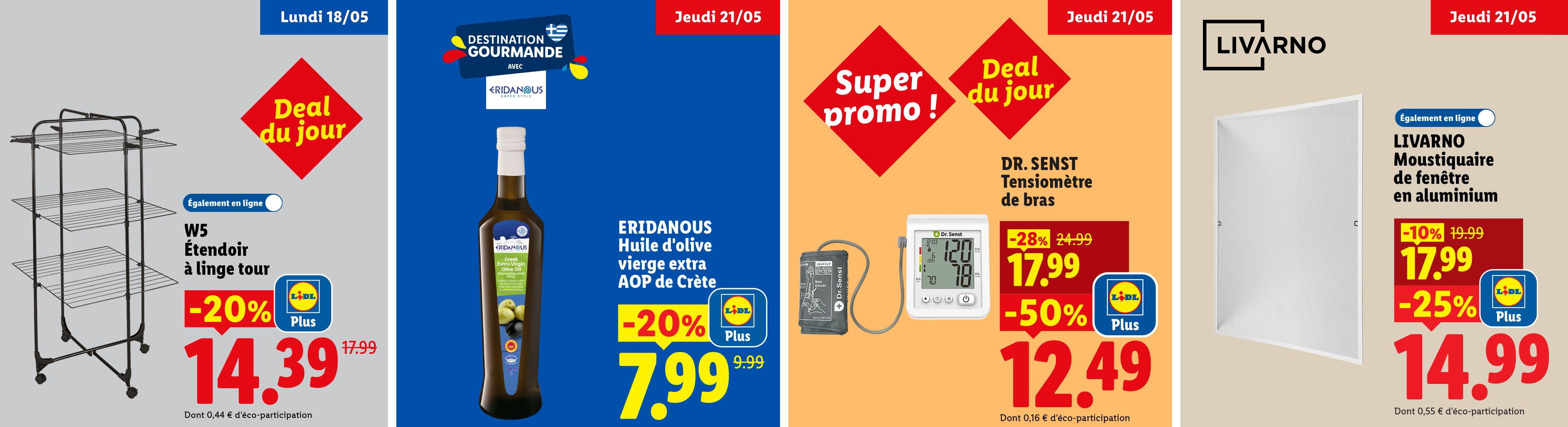 Publicité pour un étendoir à linge, de l'huile d'olive, un tensiomètre et une moustiquaire.