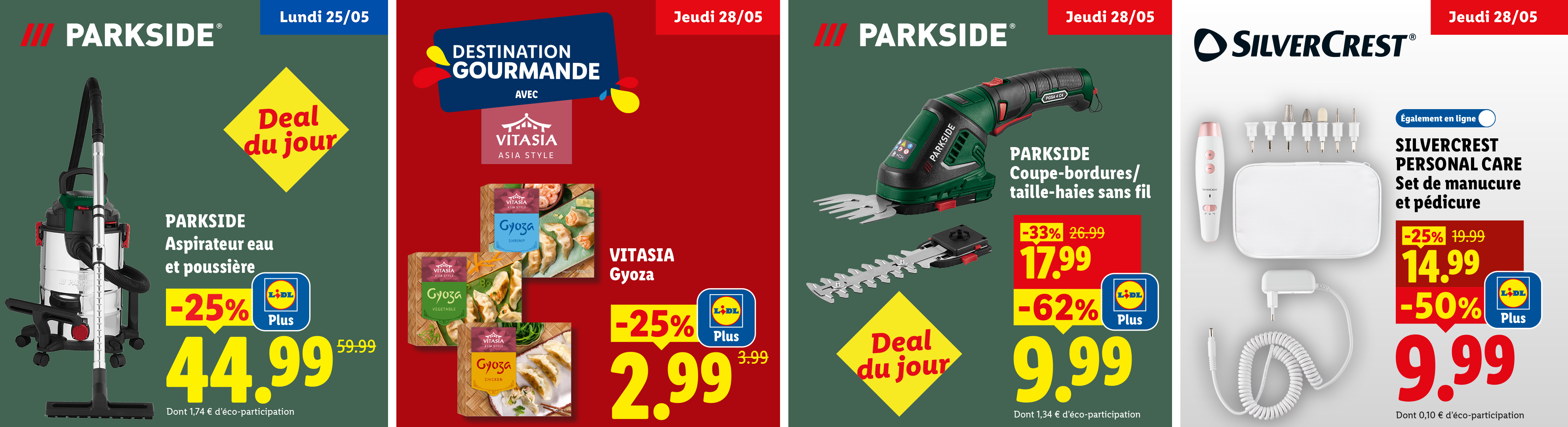 Lundi 25/05, profitez de -25% sur un Aspirateur eau et poussière à 44,99€. Jeudi 28/05, -25% avec Lidl Plus sur des gyozas.