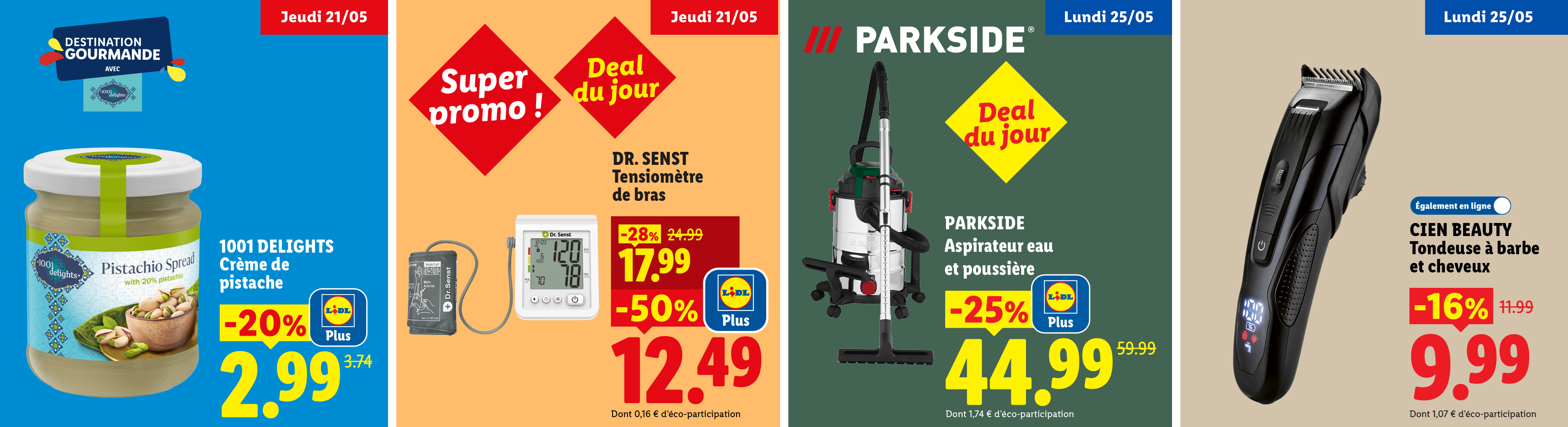 Le jeudi 21/05, profitez de -20% de remise avec Lidl Plus sur un pot de crème de pistache et de -50% sur un tensiomètre de bras.