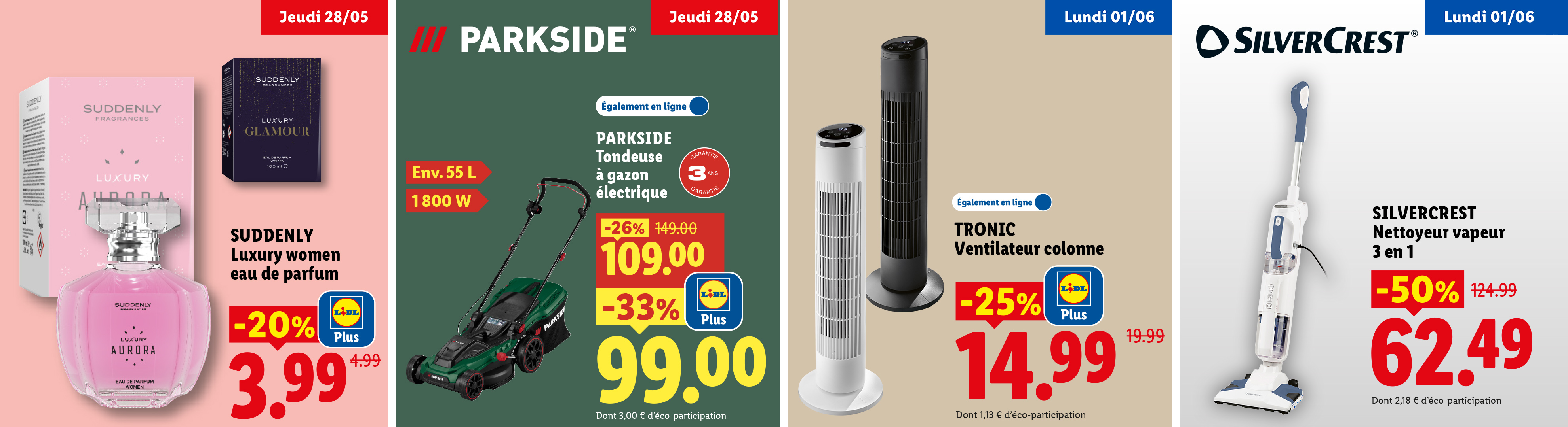 Jeudi 28/05, profitez de -20% avec Lidl Plus sur l'eau de parfum Luxury Women soit 3,99€, puis de -62% sur un coupe-bordures/taille-haies sans fil à 9,99€