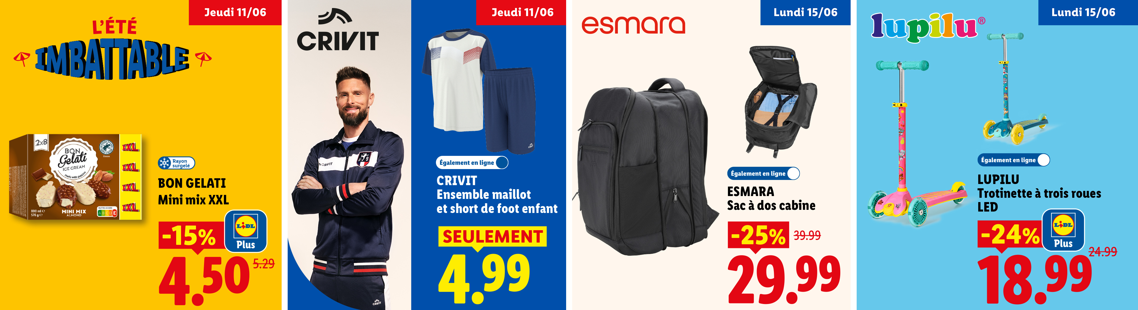Le 11/06, profitez de -15% de remise sur les glaces Mini mix XXL avec Lidl Plus et d'un ensemble maillot et short de foot enfant à 4,99€ seulement.