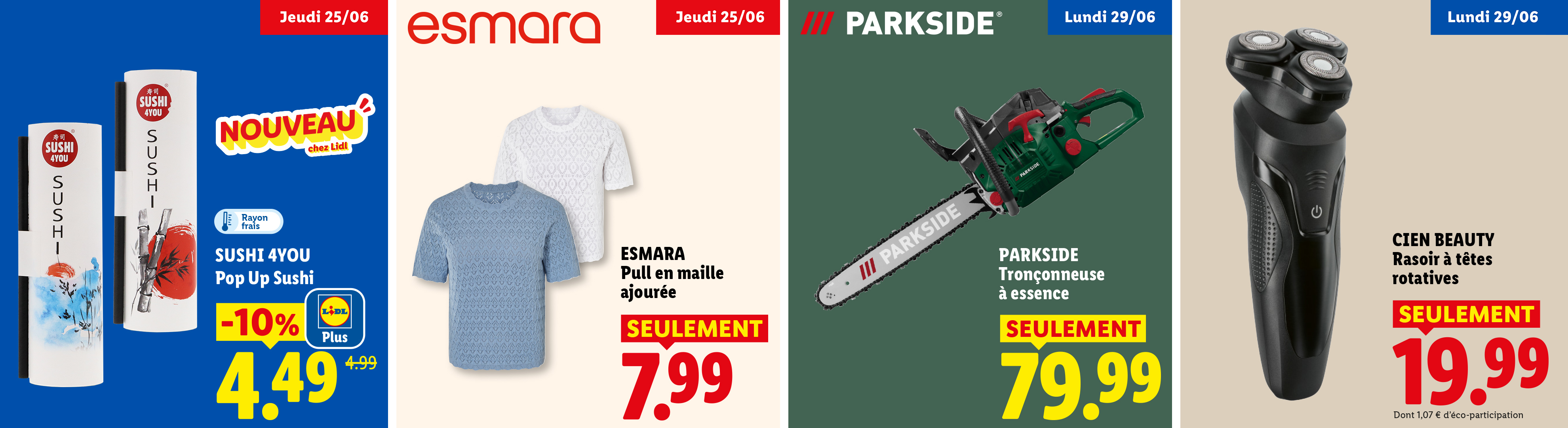 Le lundi 29/06, profitez d'une tronçonneuse à essence à 79,99€ seulement, et d'un rasoir à têtes rotatives à 19,99€ seulement.