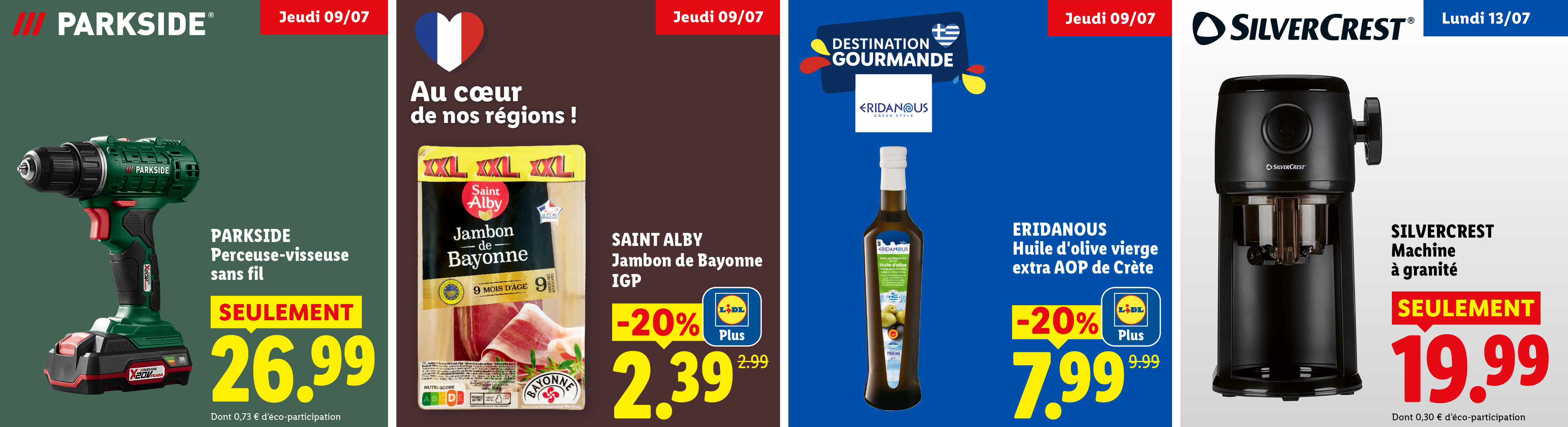 Jeudi 09/07, profitez d'une perceuse-visseuse sans fil PARKSIDE à 26,99€ seulement, du jambon de Bayonne à 2,39€ les 9 tranches au lieu de 2,99€ grâce à -20% avec Lidl Plus