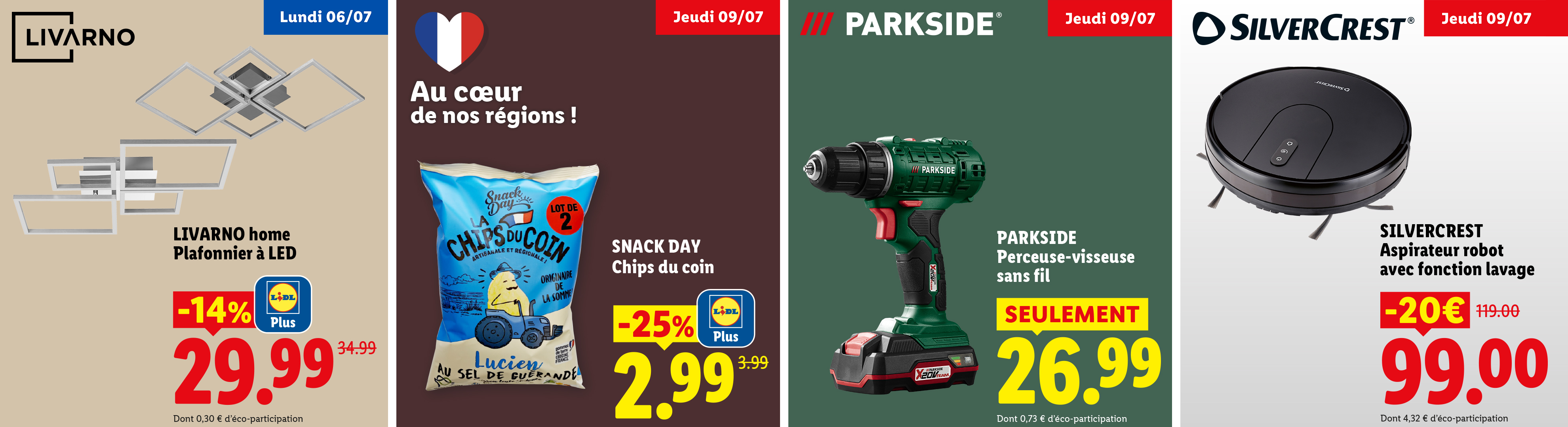Le jeudi 09/07, profitez d'une perceuse-visseuse sans fil PARKSIDE à 26,99€ seulement, et de -20€ sur un aspirateur robot avec fonction lavage à 99€ au lieu de 119€
