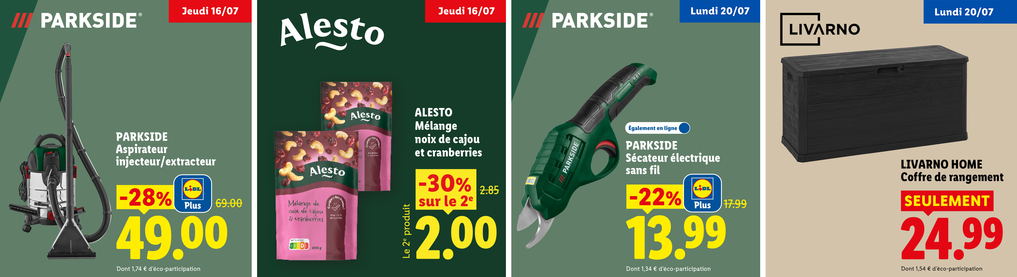 Au lundi 20/07, retrouvez le sécateur électrique sans fil à 13.99€ au lieu de 17.99€ soit une réduction de -22%, et un coffre de rangement à 24.99€ seulement