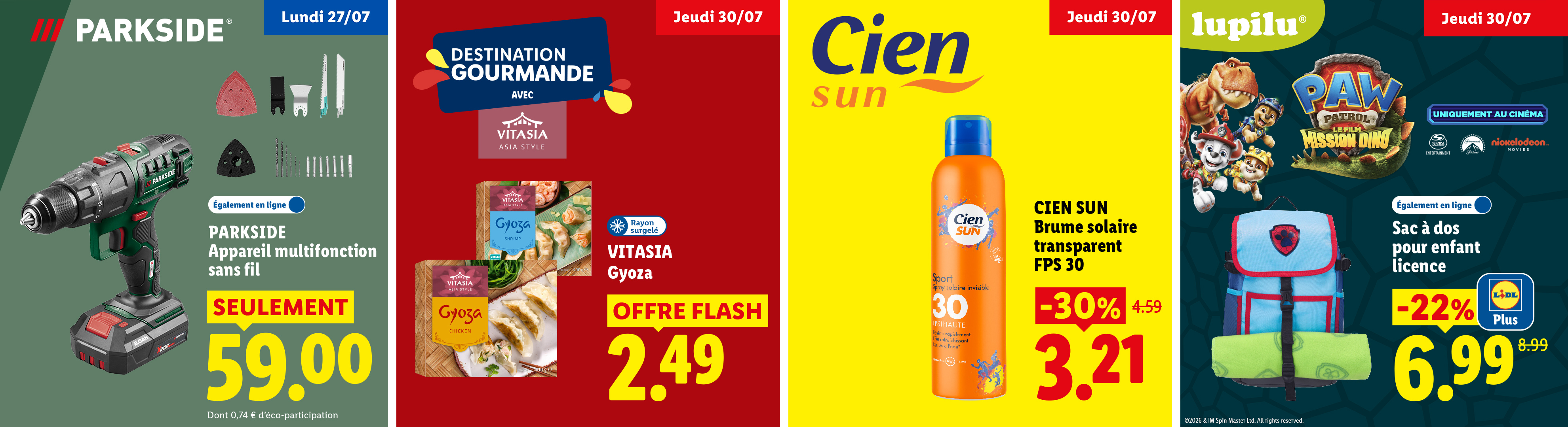 Publicité pour une perceuse multifonction, des gyozas, un spray solaire et un sac à dos enfant.