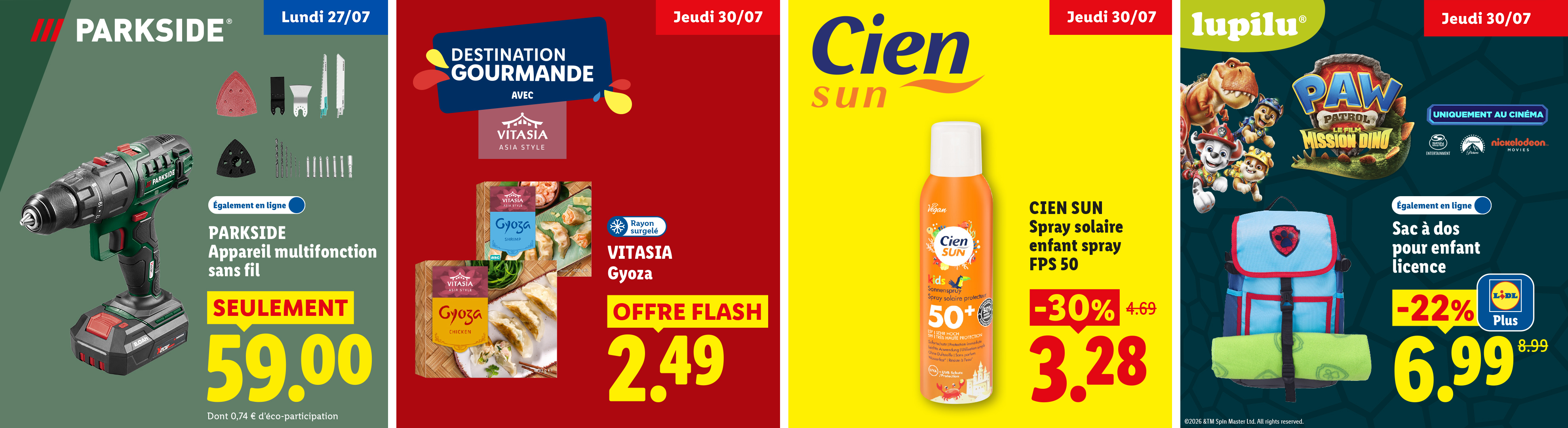 Une perceuse multifonction, des gyozas, un spray solaire enfant et un sac à dos enfant.