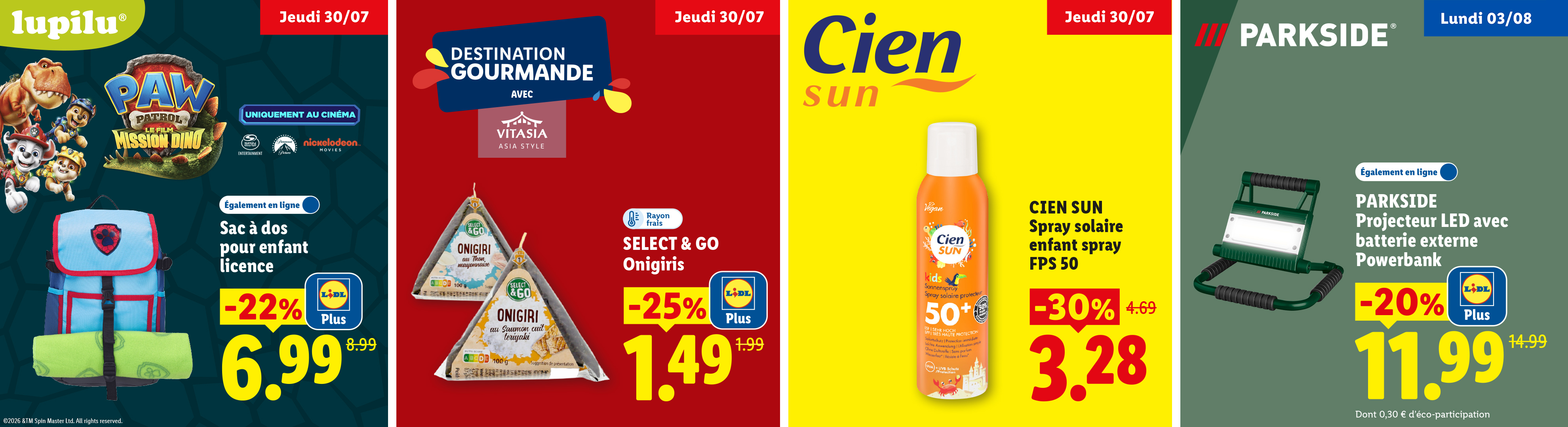Un sac à dos pour enfant, des onigiris, un spray solaire enfant et un projecteur LED avec batterie externe