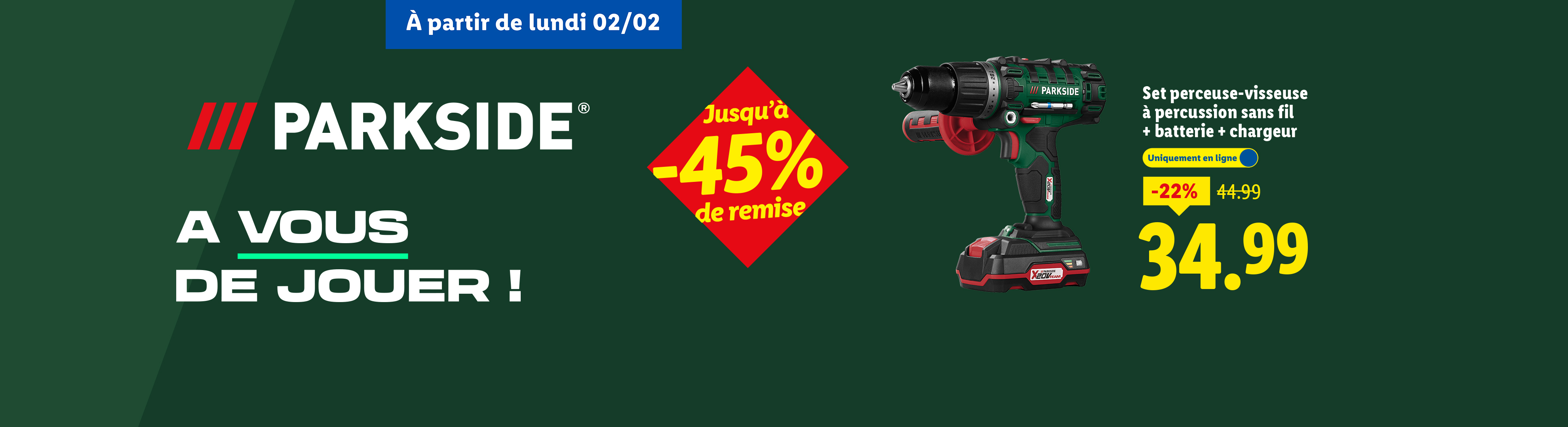 Publicité Parkside pour une perceuse-visseuse à percussion sans fil avec une réduction de 22%.