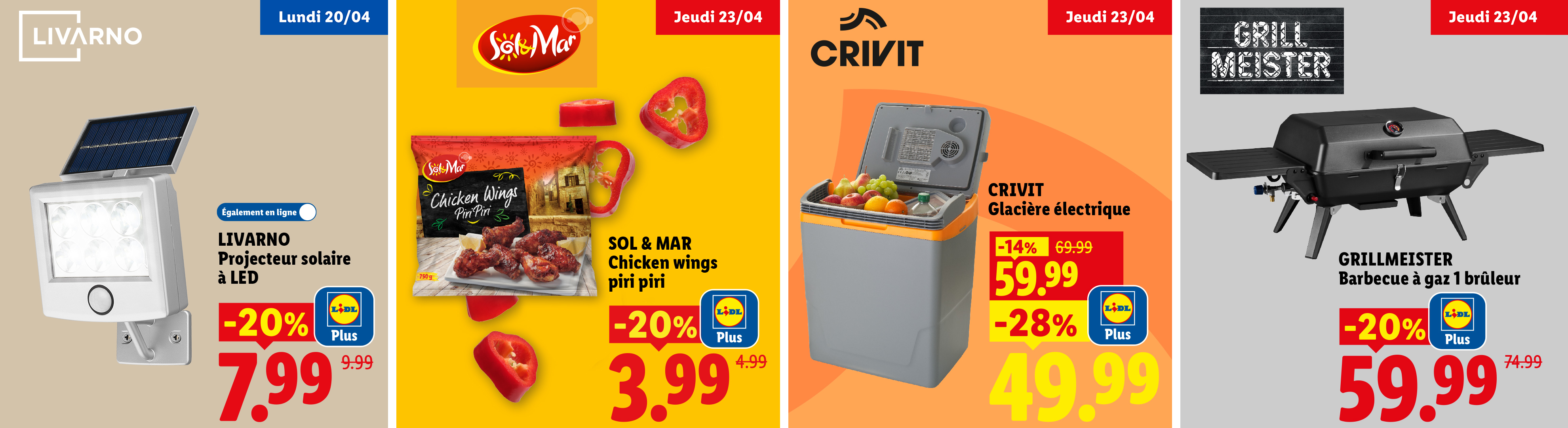 Cette semaine chez Lidl : -20% avec Lidl Plus sur un projecteur solaire et d'autres promos sur des ailes de poulet, une glacière électrique et un barbecue à gaz.