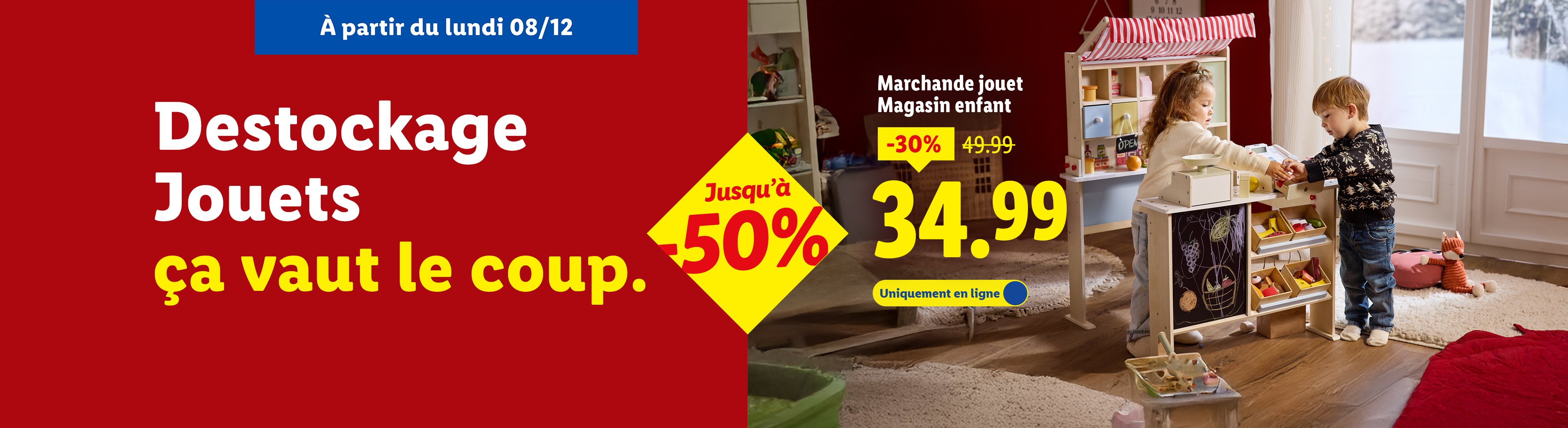 Destockage de jouets pour enfants, avec un magasin de jouets à -30%.
