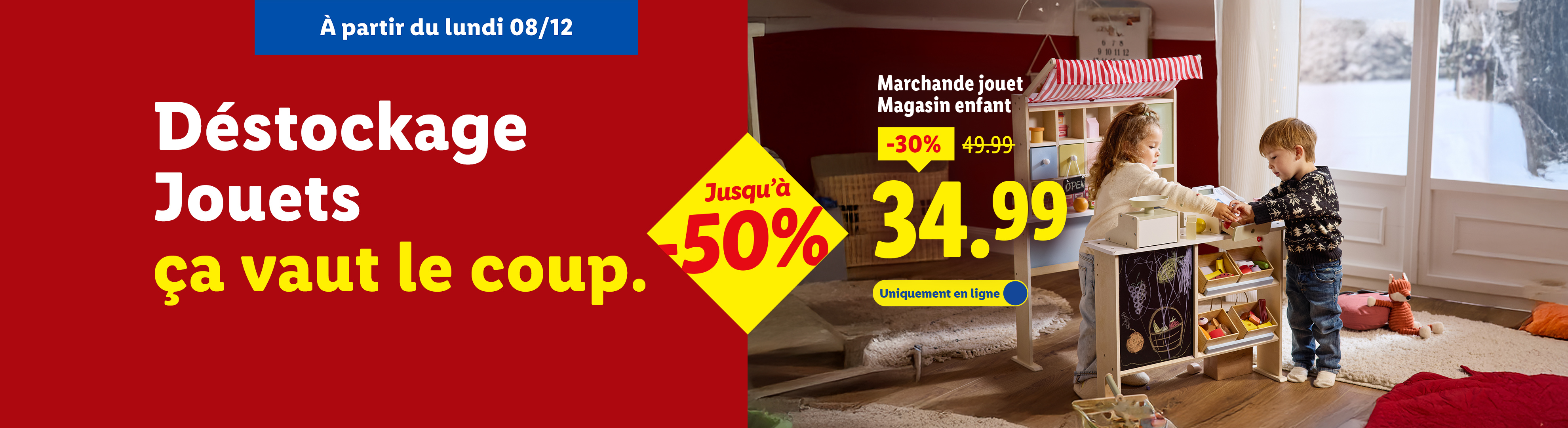 Déstockage de jouets avec jusqu'à -50% de réduction, dont un magasin enfant à 34,99€.